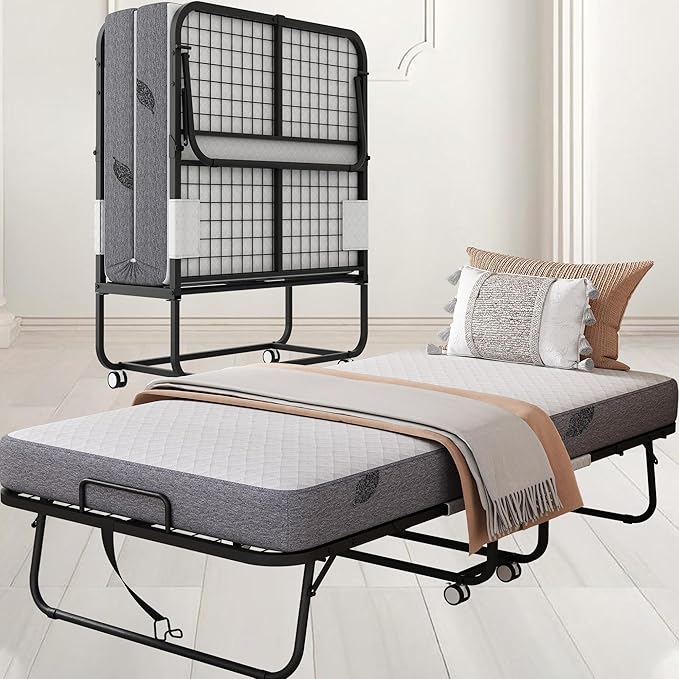 Folding Bed with Mattress 75" x 31" for Adults Single Cot Size Rollaway Foldable Extra Guest Bed with 5" Memory Foam Mattress for Home School College Student Dorm Lab Office Hospital Hotel Truck RV