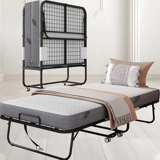 Folding Bed with Mattress 75" x 31" for Adults Single Cot Size Rollaway Foldable Extra Guest Bed with 5" Memory Foam Mattress for Home School College Student Dorm Lab Office Hospital Hotel Truck RV