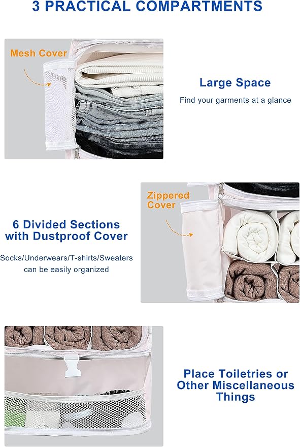 ELEZAY Hanging Packing Cubes Portable Closet 3-Shelf Travel Collapsible Compression Garment Organizer for Carry-on Luggage Suitcase Space Saver Bag X-Large_No Side Pockets, Blush Pink