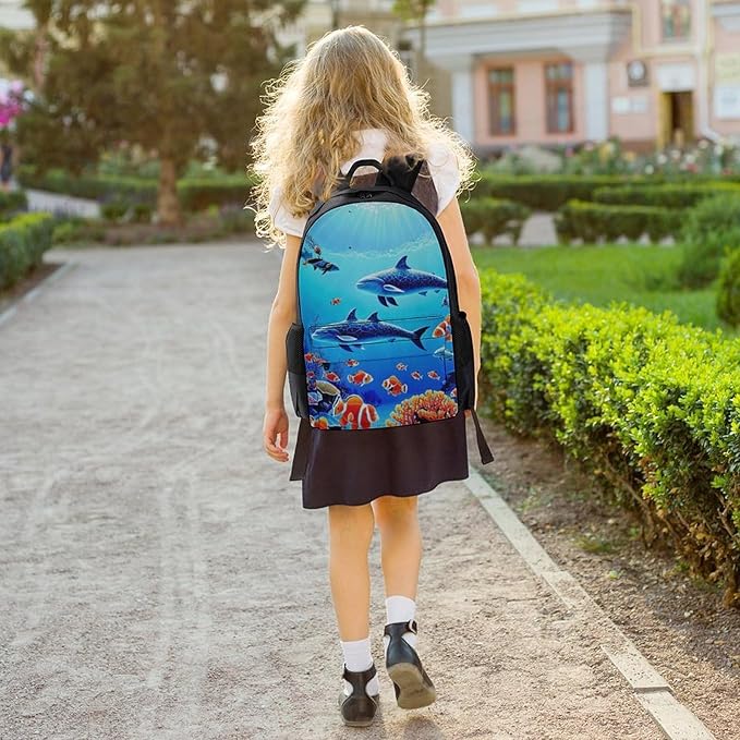 Daypack Anti-Theft Multipurpose Large Capacity Shoulder Bag, Colorful Sea Ocean World Dolphin Tropical Fishes Coral Travel Hiking Camping Rucksack With Smooth Zippers
