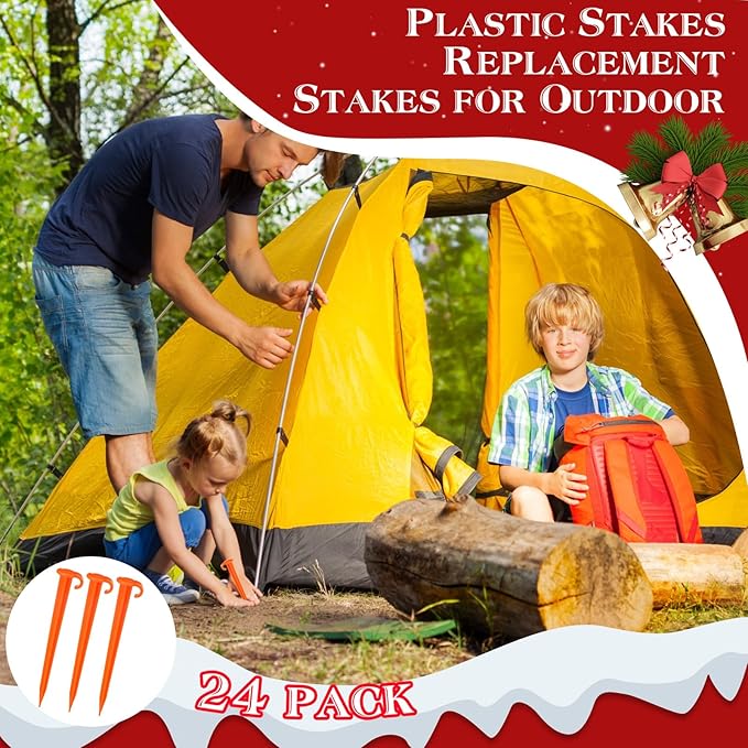 Vicenpal 24 Pcs 7 Inch Plastic Yard Stakes Inflatables Heavy Duty Plastic Garden Stakes for Tent Ground Replacement Outdoor Fence Lawn Pegs Landscape Staples Halloween Christmas Decorations (Orange)