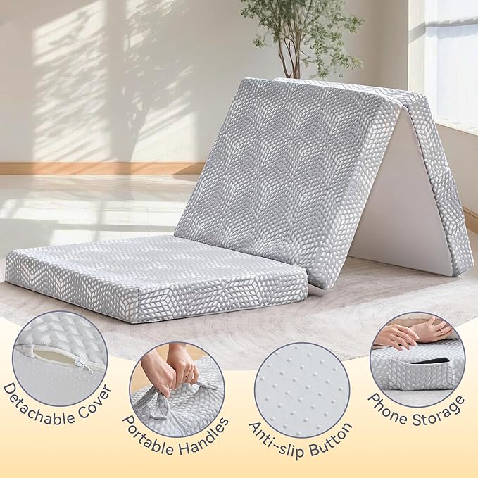 BDEUS Memory Foam Folding Mattress 4 Inch Single Size with Protable Storage Bag, Trifold Mattress Topper Soft Guest Bed Floor Mat for Kids Camping Road Trip, Gray, 25 x 75 Inch