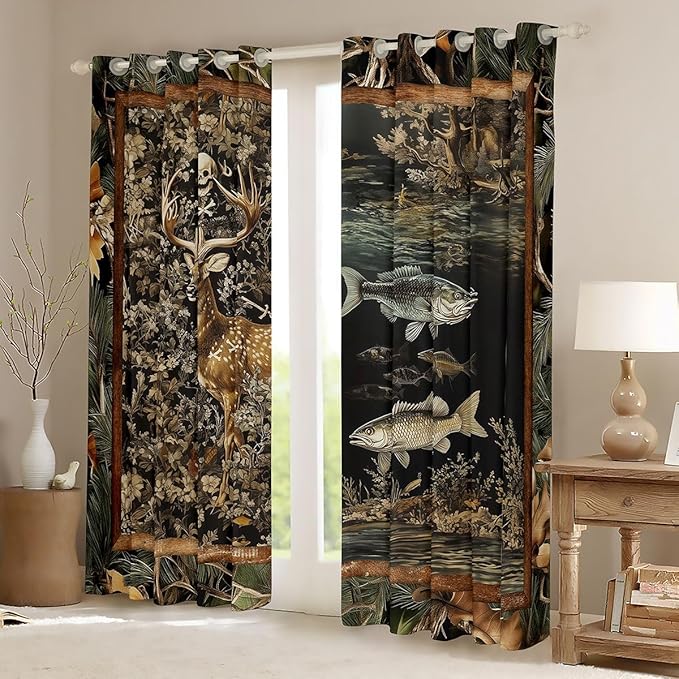 Manfei Camo Deer Wildlife Blackout Curtains,Fishing Rustic Adventure Flowers Leaf Window Drapes,Camo Dead Branch Animal Farmhouse Nursery Bedroom Playroom Decor,Army Green 2 Panels,52Wx90L inch