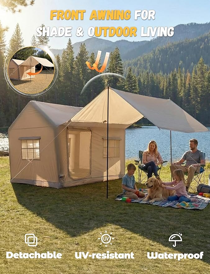 Luxury Glamping Inflatable Tent House for 6-8 Person, 118"x158" XL Awning, 6.3" Extra Thick Air Beams (Stronger Than 5"), Heavy Duty Waterproof Oxford, Fast Setup Camping Tent with Pump & Bag