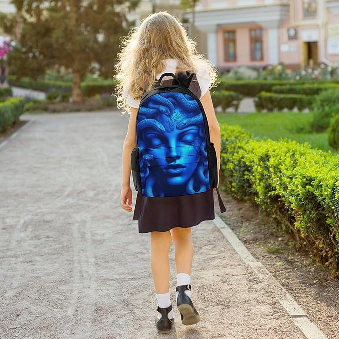 Casual Daypack Multipurpose Anti-Theft Large Capacity Carry On Bag, Greek Goddess Snake Queen Medusa Art Blue Casual Daypack Climbing Shoulder Bag With Padded Straps