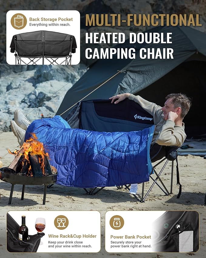 KingCamp Heated Double Camping Chair, Oversized 660lbs Heavy Duty Loveseat for Adults Portable Folding XL 2 Person Couch Padded Comfortable with 3 Heat Levels for Outdoor Sports Lawn, Black/Grey