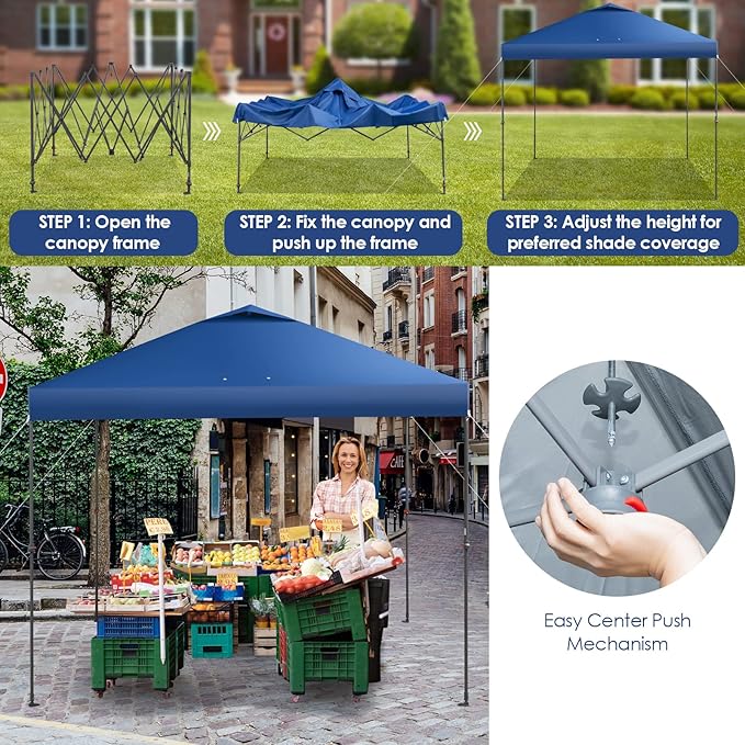 Tangkula 10x10 Ft Pop Up Canopy, Easy Set-up Instant Tent with Center Lock, Carry Bag, Rotatable Feet, 8 Stakes, 4 Ropes, Outdoor Canopy Tent for Beach, Camp, Patio, Market (Blue)