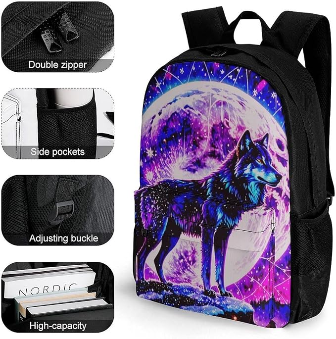 Supdreamc Polyester Daypack for Camping Travel Walking Cycling, Big Capacity Anti-Theft Multipurpose Bookbag, Neon Sky Moon Wolf Camping Outdoor Backpack