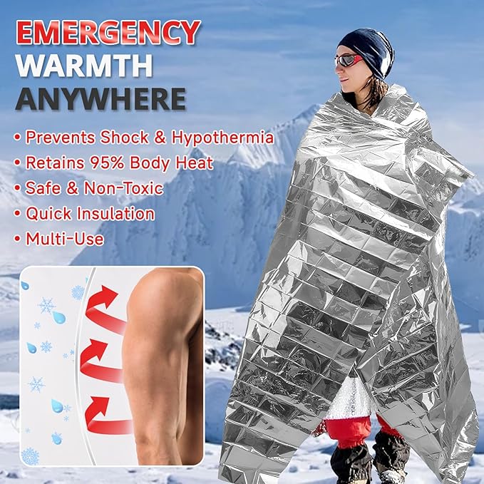 SecuCaptain Survival Emergency Thermal Blankets: 50 Pack Extra Large 84” x63” Space Mylar Blanket Kit for Outdoor Cold Winter Camping Hiking Car Bug Out Bag or First Aid