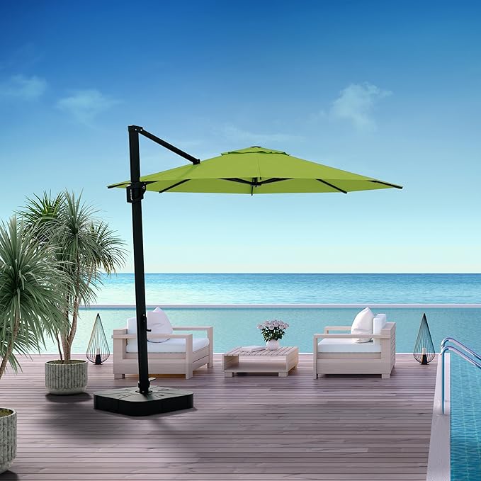 Midtown Umbrellas 10 Ft Outdoor Cantilever Patio Umbrella w/Sunbrella Macaw Fabric - Tilt 360° Rotate Offset Patio Umbrella, Deck Patio Umbrella, Backyard Umbrella & Garden Umbrella - Black Frame
