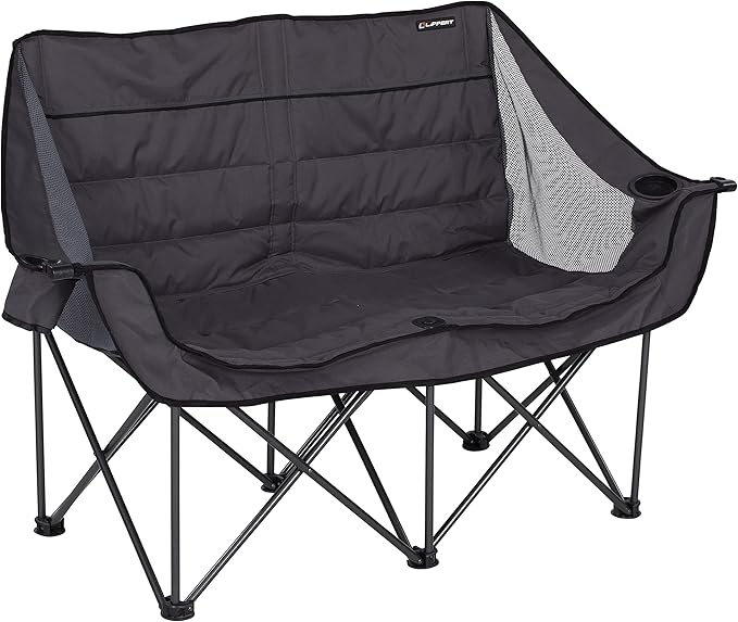 Lippert Campfire Folding Loveseat with 500-lb. Weight Capacity, Carry Bag, Durable Mesh Fabrics, High-Loft Cushioning, Storage Pocket, Dual Cupholders, Stemmed Wine Glass Holder (Grey) - 2021000206