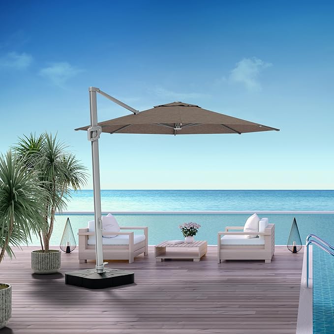Midtown Umbrellas 10 Ft Outdoor Cantilever Patio Umbrella w/Sunbrella Cast Shale Fabric - 360° Rotate Offset Patio Umbrella, Deck Patio Umbrella, Backyard Umbrella & Garden Umbrella - Silver Frame