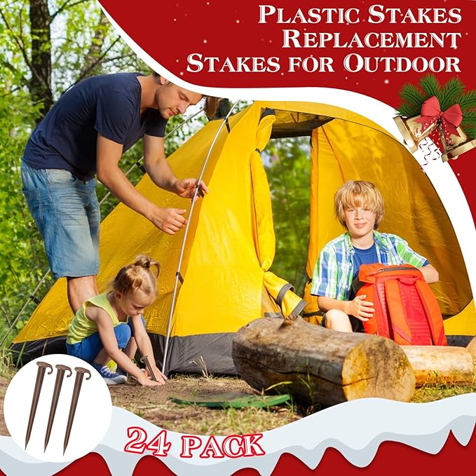 Vicenpal 24 Pcs 7 Inch Plastic Yard Stakes Inflatables Heavy Duty Plastic Garden Stakes for Tent Ground Replacement Outdoor Fence Lawn Pegs Landscape Staples Halloween Christmas Decorations (Brown)