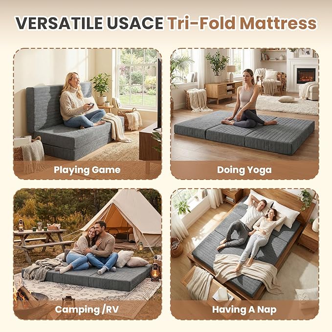 6-Inch Tri-Fold Mattress Queen Size, Covertible Bed Floor Futon Mattress with Handles & Non-Slip Bottom, Foldable Mattress with Removable Tufted for Guest, Camping, Dorm