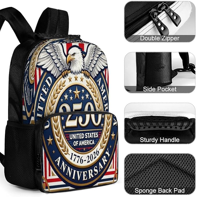Women Men Polyester 250th Anniversary 1776-2026 Patriotic Eagle Art Casual Daypack Large Capacity Bookbag With Side Pockets for Sports Picnic Walking Cycling
