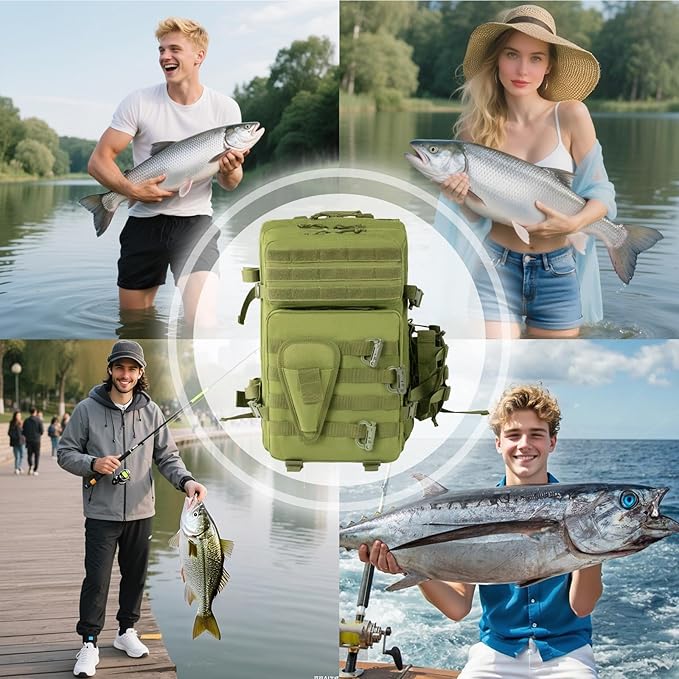 Large 45L Tactical Fishing Tackle Backpack with Removable Plier Holder & Rod Holders Storage Fishing Gear and Equipment Tackle Bag Hiking Backpack without Tackle Boxes Green