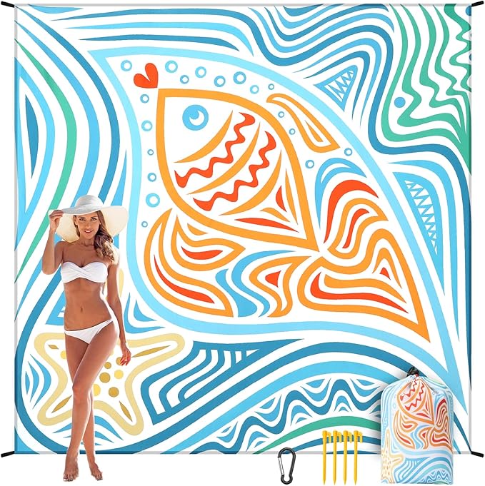 Beach Blanket, Sandproof Beach Mat, Waterproof Quick Drying Lightweight Outdoor Aztec Picnic Mat 79" X 83"/120"x108" for 2-8 Adults for Travel, Camping, Hiking