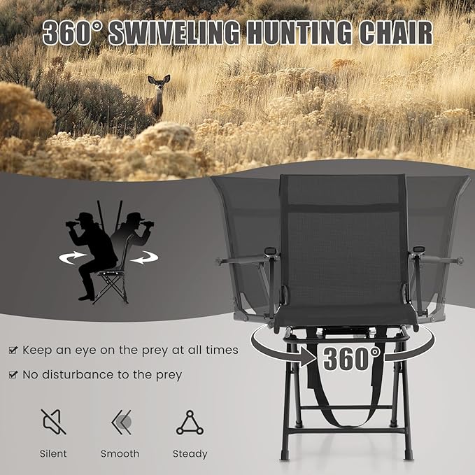 LDAILY Moccha Hunting Chair, 360° Swivel Blind Chair w/Armrest & Mesh Back, Non-Slipping Pads, Sturdy Metal Frame, 330LBS Capacity, Portable and Silent Folding Hunting Chairs for Blinds (Black)