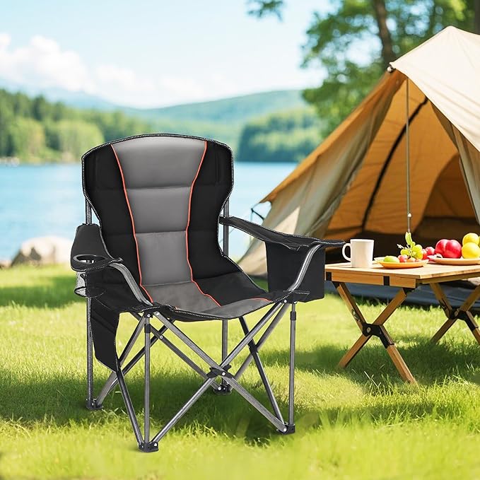 HIGH POINT SPORTS Oversized Camping Folding Chair, Heavy Duty Portable Lawn Chairs, Folding Chairs for Outside with Cup Holder and Cooler Bag for Camp, Travel, Support 450 LBS, 2 Pack, Black