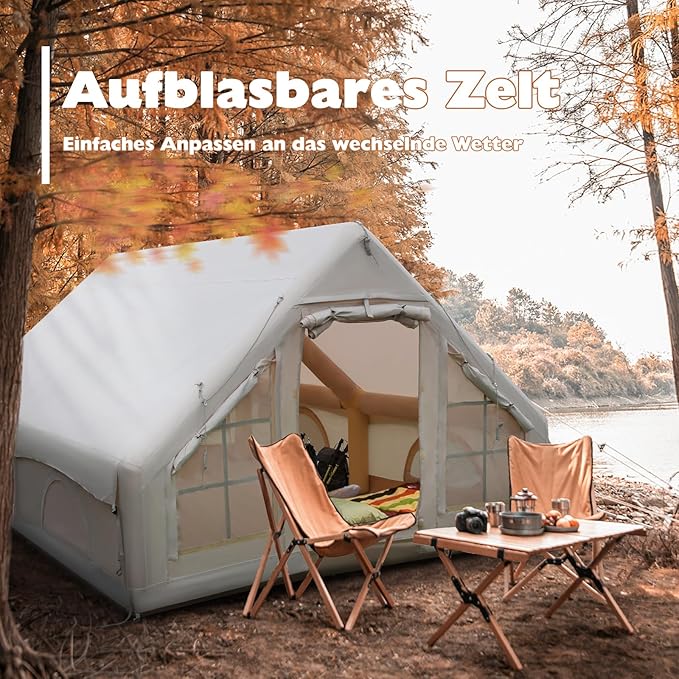 Inflatable Camping Tent, Glamping Inflatable Tent for Camping, 4 Season Water&Windproof Outdoor Oxford Blow Up Cabin Tent with Mesh Windows & Doors for 4-8 People Camping