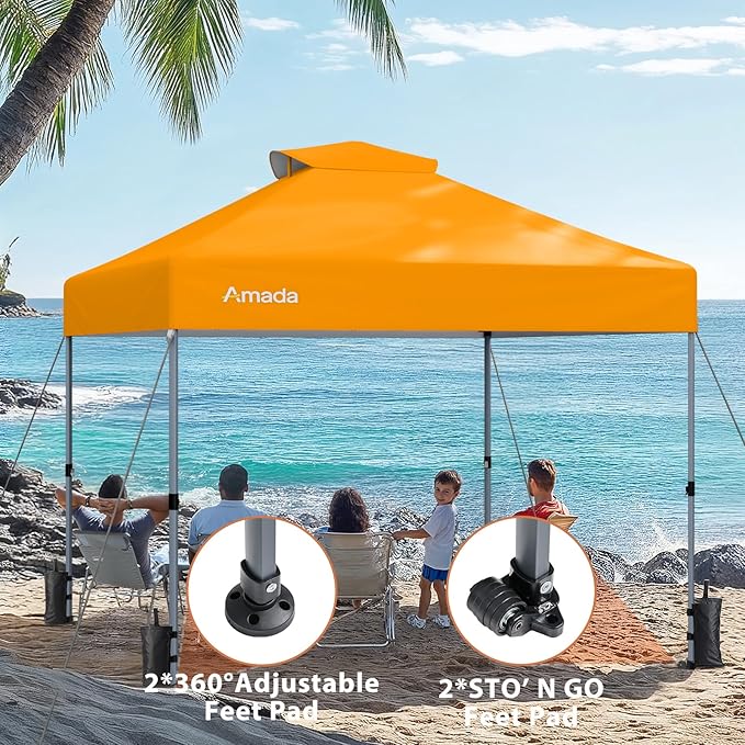 Amada 10x10 Pop Up Canopy - Center Lock One Push Instant Setup Gazebo Outdoor Canopy Beach Tent with STO-N-Go Bag 8 Stakes & 4 Sand Bags, 3-Height Adjustable Shade Shelter (10x10ft, Orange)