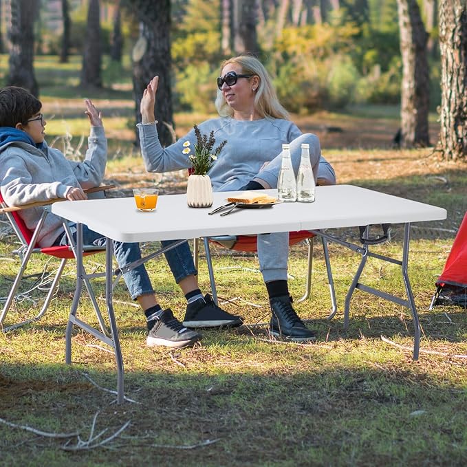 BOOSDEN 5 Foot Folding Table - Portable Plastic Fold-in-Half Utility Table With Carrying Handle for Indoor Outdoor Use - Picnic, Party, Camping, Banquet