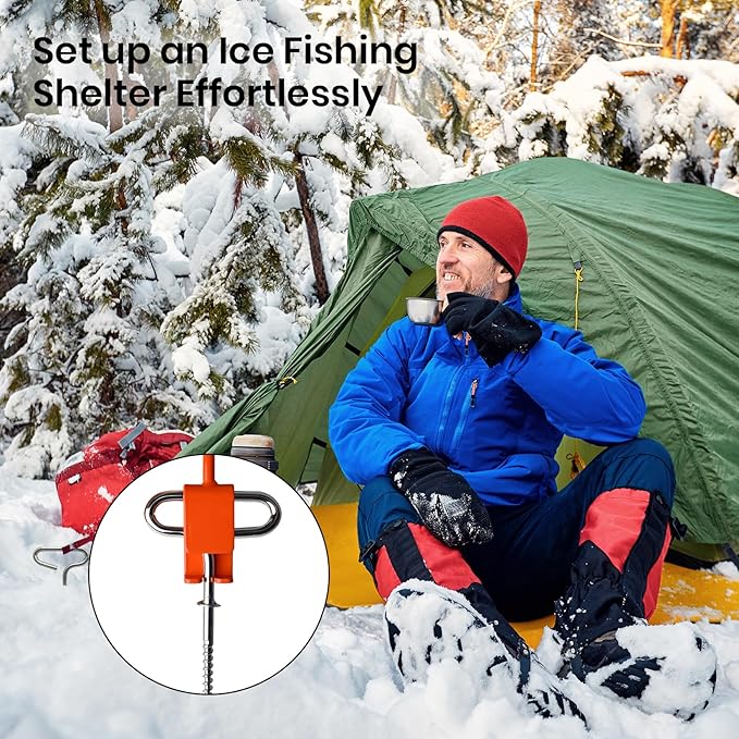 Ice Anchor Tool Kit, Ice Fishing Tent Stakes Nails with Drill Adapter, Stainless Steel Augers Accessories Set, Threaded Gear Equipment with Protective Bag for Setting Up Camping Shelter Shanty