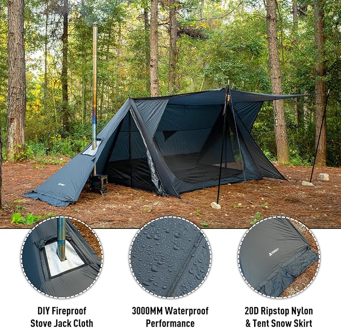 POMOLY Hot Tent Bushcraft Tent, STOVEHUT 20 Ultralight Shelter with 4 Poles for 1-2 Person Camping, Hiking, Backpacking (Blue Grey)