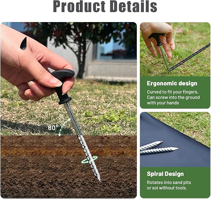TIMBER RIDGE 10 Pack Tent Stakes, Heavy Duty 8 Inch Ground Stakes, Non-Rust Stainless Steel with Threaded & Ergonomic Handles, Camping Pegs for Camping, Canopies, Grassland, Garden, Patio, Hiking