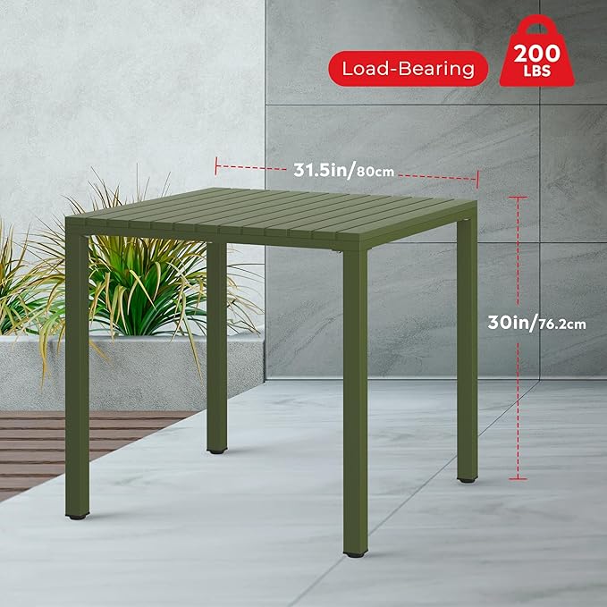 Costaelm Outdoor Dining Table for 4, Square Metal Patio Table, 4-Person Weather Resistant Steel Slat Table for Lawn Garden Backyard, Olive Green