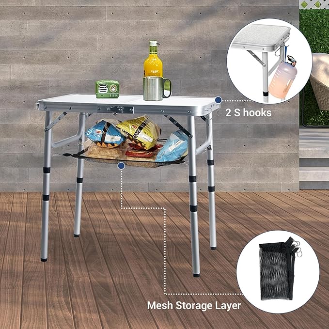 Small Folding Table 2FT Lightweight Portable Aluminum Camping Table for Picnic and Camping Mini Foldable with Adjustable Extended Height,Silver