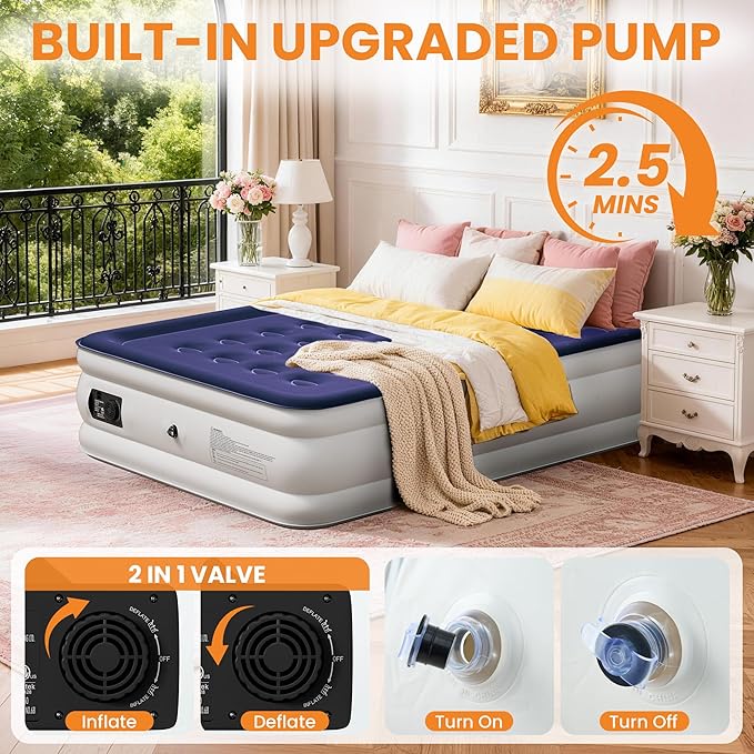 Full Air Mattress with Built-in Pump, 18 Raised Inflatable Air Mattress, 600 lbs Max Honeycomb Comfortable Air Bed with Storage Bag, for Camping, Home and Guest Use