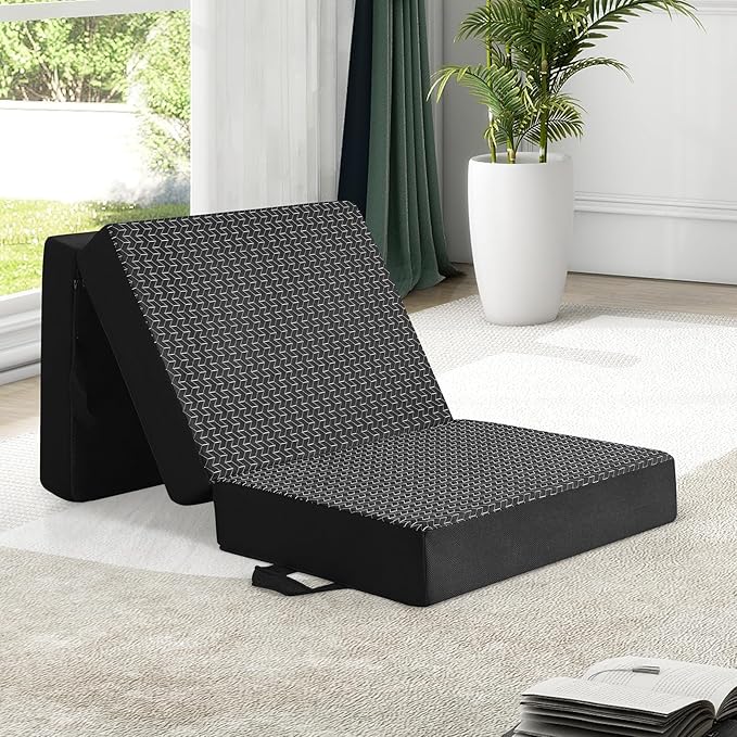 CYMULA Folding Mattress Single Size,6 inch Memory Foam Tri-Fold Single Floor Mattress Topper with Breathable & Washable Cover,Thick Foldable Mat for Camping,Naps and Guests，Black(25"×75"×6")