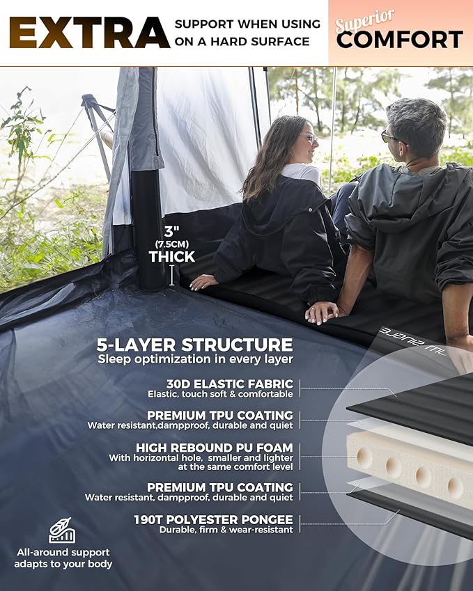 KingCamp Self Inflating Sleeping Pad, R 7.5 Air & Foam Sleeping Pad with Pillow, 3" Thick Single Camping Mattress for Camp Tent Outdoor Car, PVC Free (Black)