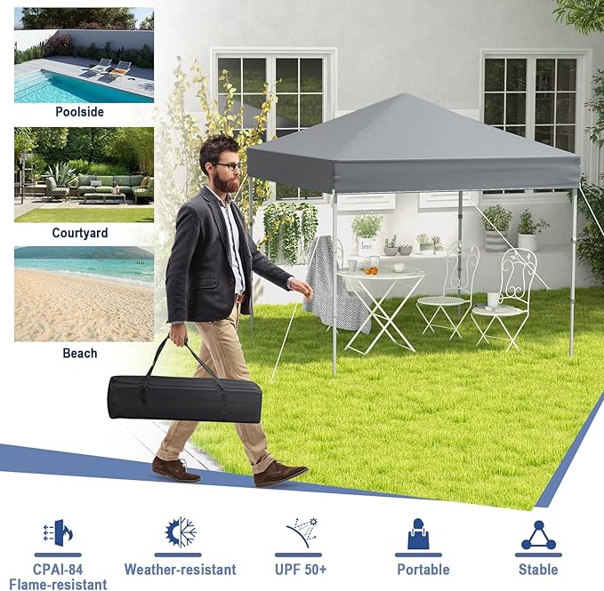 6.6 x 6.6 Ft Pop Up Canopy, 1 Person Instant Setup Canopy Tent with Push Center Lock, 8 Stakes, 4 Ropes & Carrying Bag, Portable Easy Up Gazebo Shelter for Outdoor Camp, Beach, Patio & Party