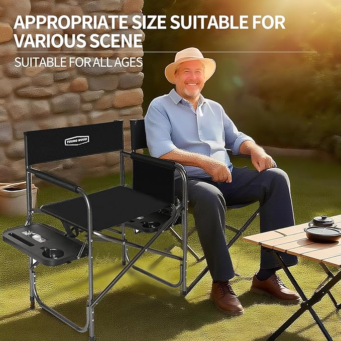YOUNG WOOD Camping Directors Chair with Side Table, Foldable and Portable, Fishing,Trip,Picnic,Hike，Lawn,Sports,Beach,Outdoor Camping Chair for Adults,Drink Holder and Mobile Storage,2p
