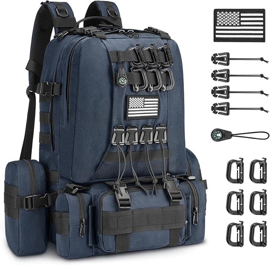 CVLIFE 60L Tactical Backpack for Men Women Military Large Army Rucksack With D-Ring Molle Clips Compass Accessories 3 Day Bug Out Survival Molle Bag Hiking Camping Gym Daypack Backpack, Blue