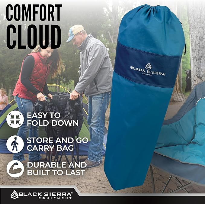 Black Sierra Plush Camping Chair for Sports & Outdoors, Oversize XL Outdoor Folding Chair Supports 400 lbs, Heavy Duty Lounge w/Cup Holders & Carry Bag (Denim Blue)