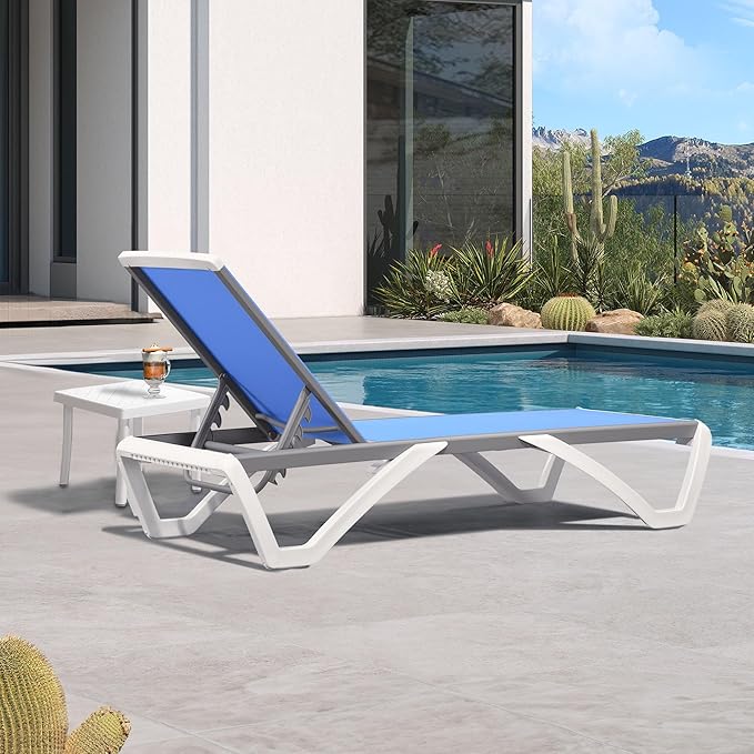 PURPLE LEAF Patio Chaise Lounge Chair Set Outside Aluminum Plastic Stackable Tanning Chairs with Side Table for Pool Sunbathing Beach Deck Outdoor Lounger, Royal Blue