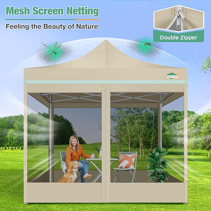 COBIZI 10x10 Canopy Tent, Heavy Duty Pop up Canopy with Sidewalls, Waterproof Easy Setup Canopy with Mosquito Netting, Outdoor Instant Screen Tents for Parties, Wedding, Backyard with Carry Bag, Khaki
