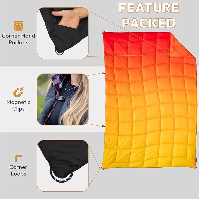 Versatile Packable Outdoor Camping Blanket, Puffy Blanket, Primaloft® Insulation, Warm, Durable, Lightweight, Waterproof, Oversize, Beach, Stadium, and More! 55"x80" (Strawberry Lemonade)