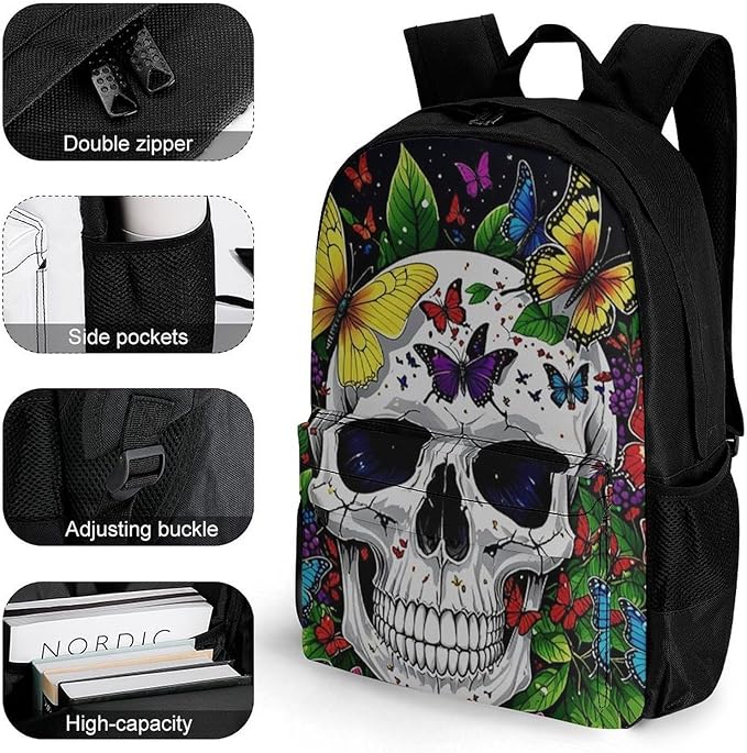 Men Women Lightweight Magic Mushrooms Skull Psychedelic Butterfly Art Casual Daypack Large Capacity Bookbag With Adjustable Shoulder Straps for Gym Business Bicycle