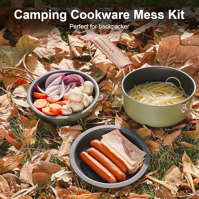 Odoland 10pcs Camping Cookware Non-Stick Camping Pot and Pan Set with Plate Bowl Fork Knife Spoon for Backpacking, Hiking, Outdoor Cooking and Picnic