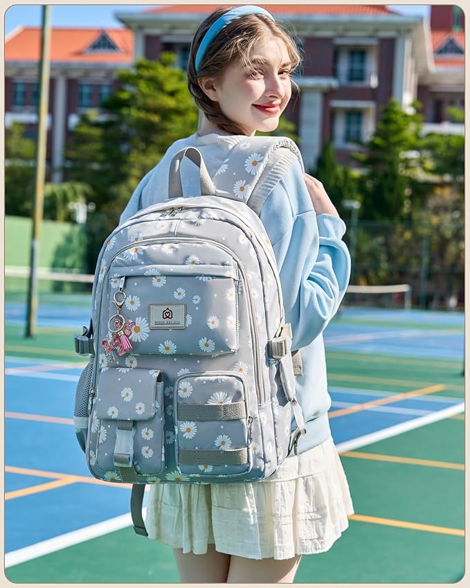 Laptop School Backpack for Teen Girls Women 15.6 Inch Cute College Backpacks Large Elementary Middle High School Bag Kids Student Daisy Bookbag Anti Theft Travel Back Pack Casual Daypack (Grey-Daisy)