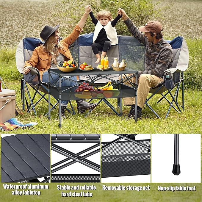 GARLLEN Folding Table for Camping, 2 Adjustable Height Portable Roll-up Picnic Table with Storage Net, Lightweight Aluminum Outdoor Table with Carrying Bag for Camping, BBQ, Beach, 39"L x 20"W