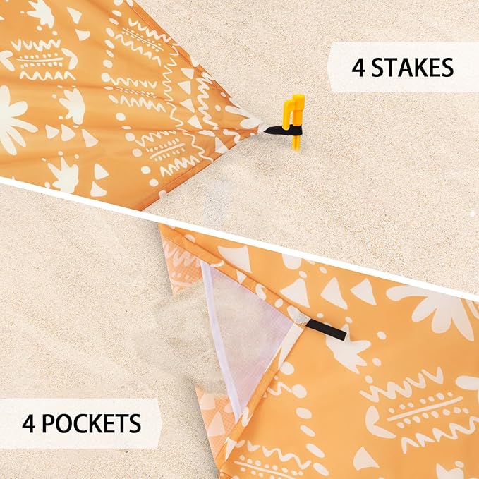 Sandproof Waterproof Beach Blanket, 78''×86'' Large Foldable Picnic Blankets for 1-4 Adults w/ 4 Stakes & 4 Pockets, Polyester Lightweight Sand Free Boho Outdoor Beach Mat for Camping, Hiking, Travel