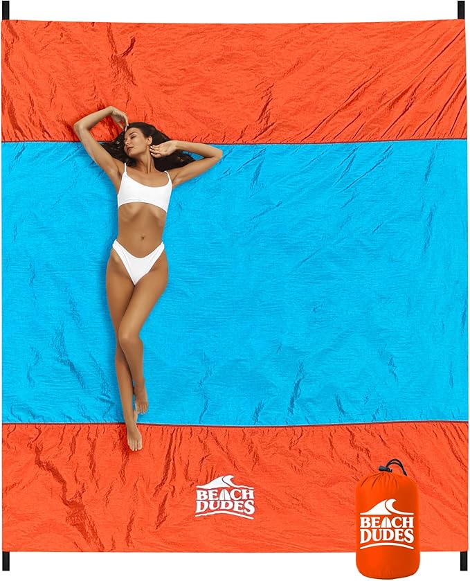 Sandproof Waterproof Beach Blanket Extra Large 108"x 84", Mat for Family, Quick Dry Ripstop Nylon Lightweight, Compact for Travel, Picnic, Camping w/ 4 Anchor Stakes and Carry Bag