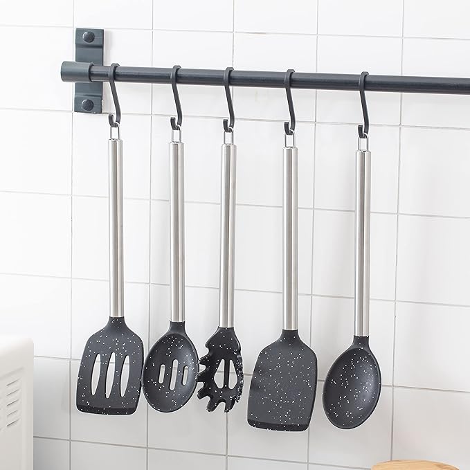 COOK WITH COLOR Silicone Cooking Utensils, Kitchen Utensil Set, Easy to Clean Silicone Kitchen Utensils, Cooking Utensils for Nonstick Cookware, Kitchen Gadgets Set, 5 Pieces, Speckled Black