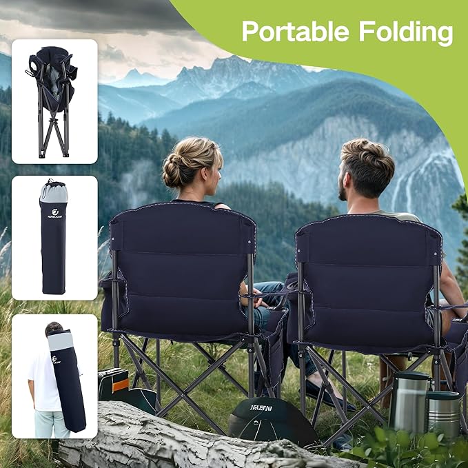 GREEN PARTY Folding Camping Chair Oversized Heavy Duty Lawn Chair with Cooler Bag, Cup Holder, Storage Pocket, Collapsible Padded Outdoor Arm Chair, Quad Lumbar
