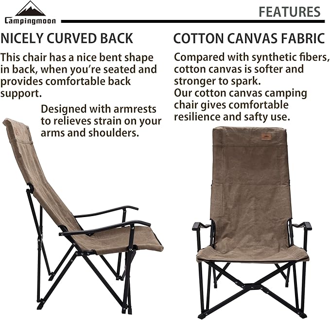 CAMPINGMOON Portable Camping Chair High Back Foldable Cotton Canvas Campfire Low Style Relaxing Coyote Brown F-1002C-CF